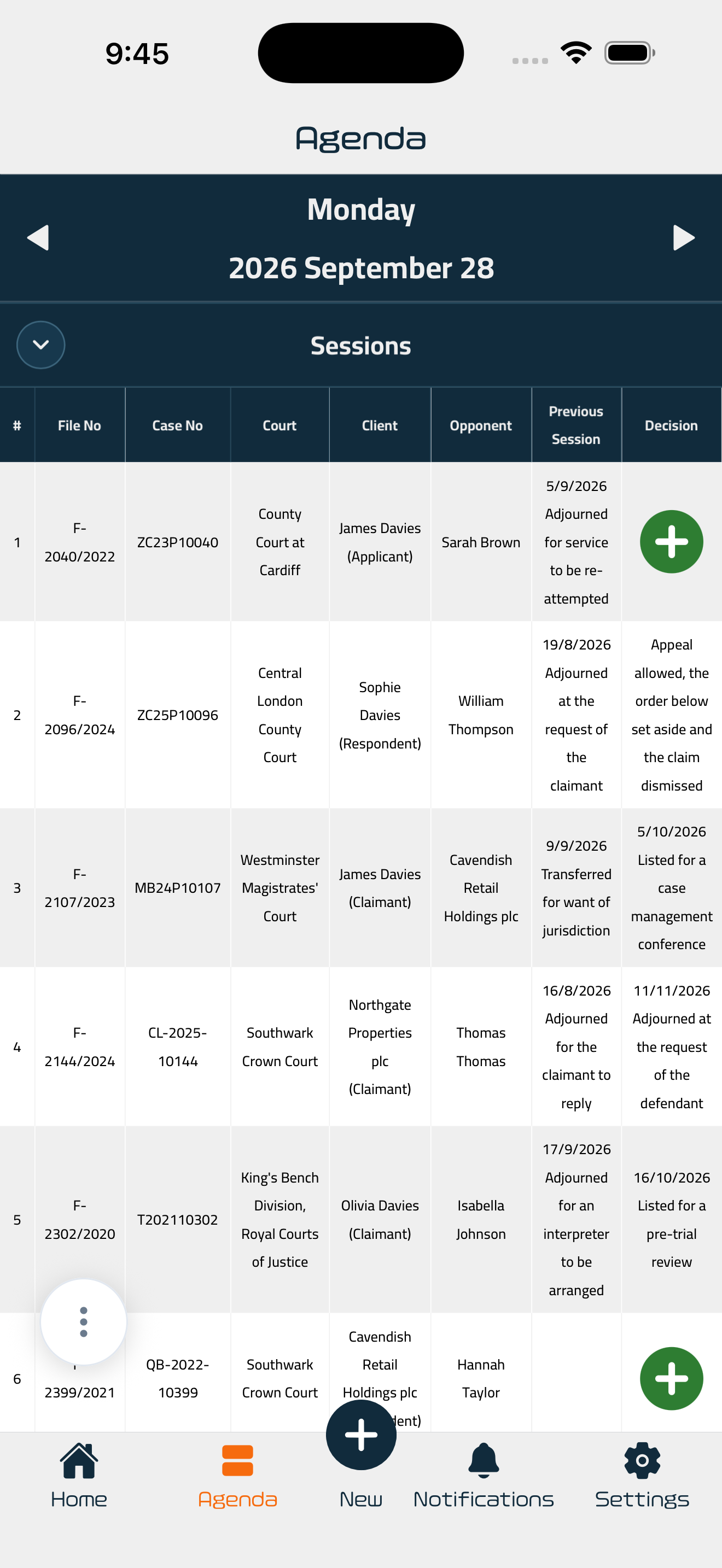 The agenda screen, showing a full day of sessions